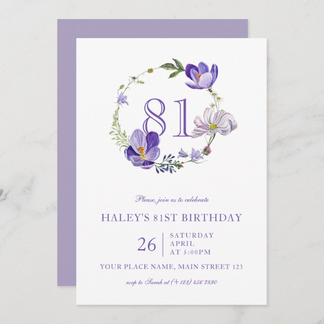 Purple Floral Wildflower Vintage 81ST Birthday Invitation (Front/Back)