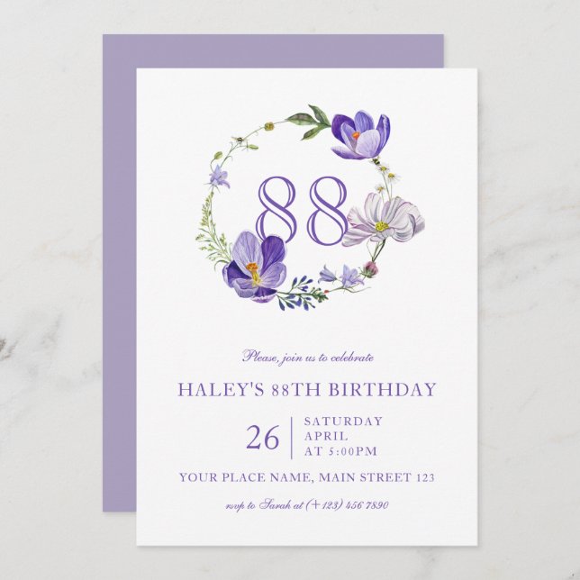 Purple Floral Wildflower Vintage 88TH Birthday Invitation (Front/Back)