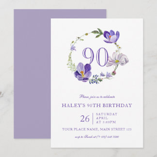 Purple Floral Wildflower Vintage 90TH Birthday Invitation