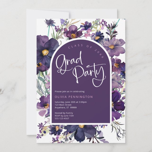 Purple Floral Wildflowers Grad Party Invitation (Front)