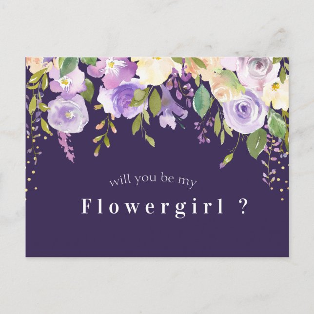 purple floral will you be my flowergirl card (Front)