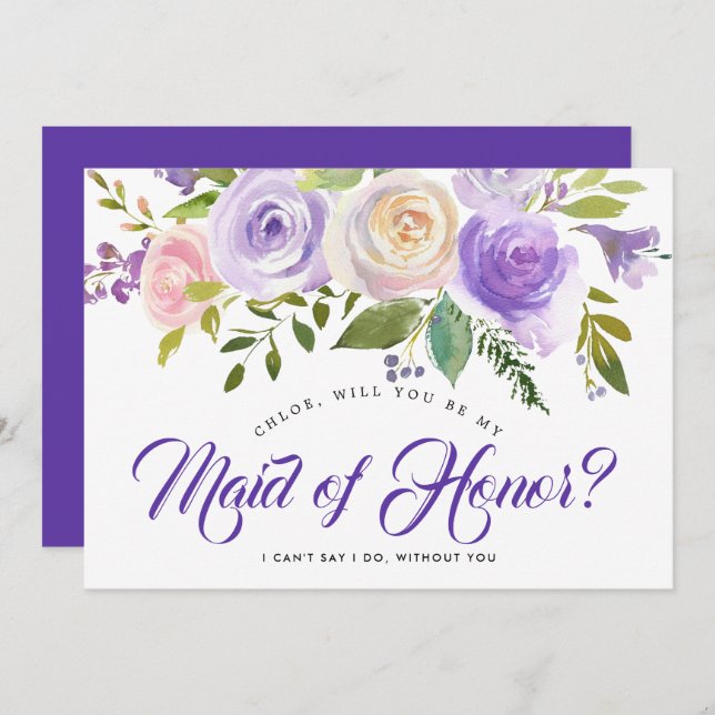 Purple Floral Will You be My Maid of Honour Card (Front/Back)