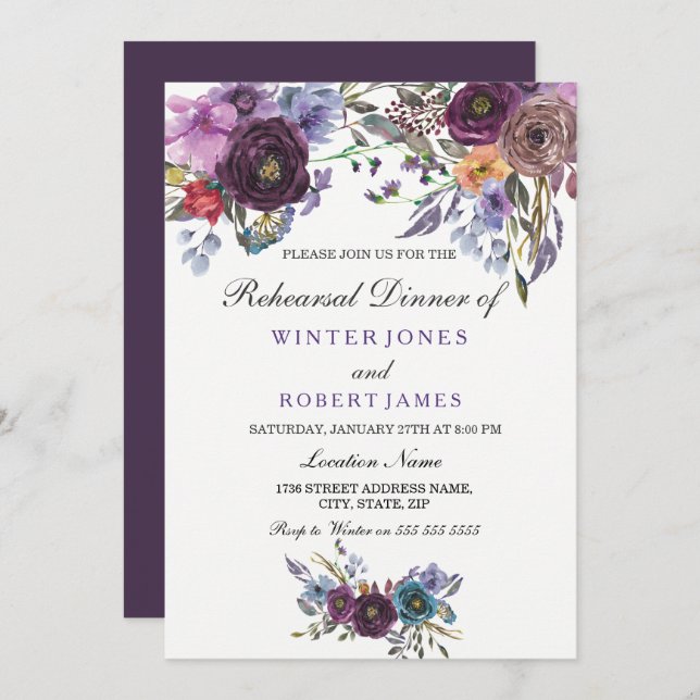 Purple Floral Winter Wedding Rehearsal Dinner Invitation (Front/Back)