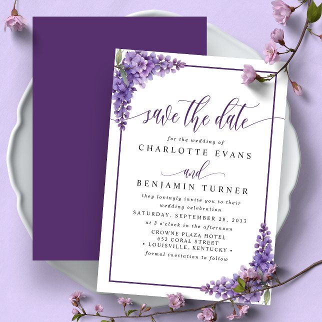 Purple Floral Wisteria Corners Save The Date Card (Creator Uploaded)
