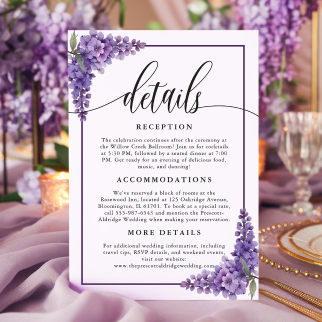 Purple Floral Wisteria Corners Wedding Details Enclosure Card (Creator Uploaded)
