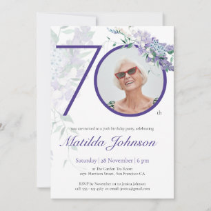 Purple Floral Wisteria Custom Photo 70th Birthday Invitation