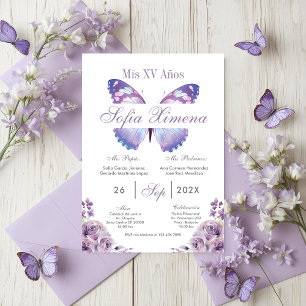 Purple Floral with Butterflies Quinceañera Invitation