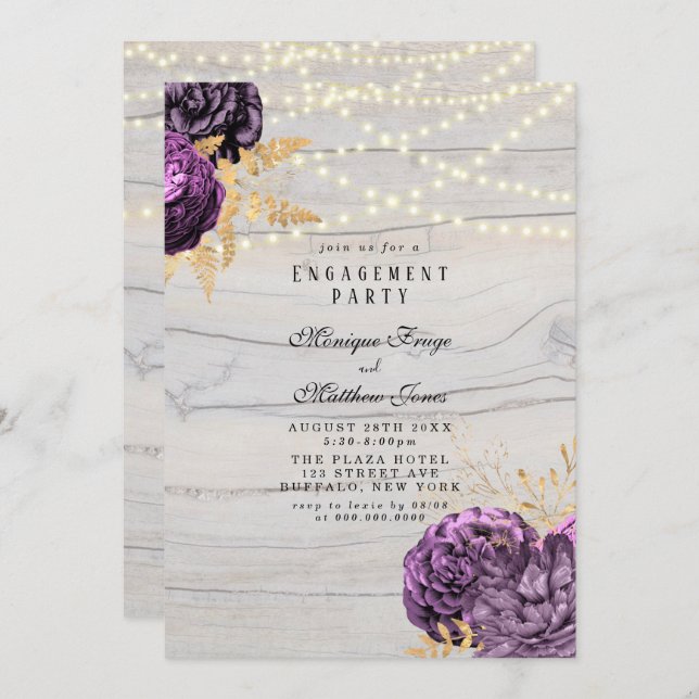 Purple Floral Wood String Lights Engagement Party Invitation (Front/Back)