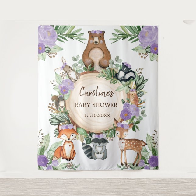 Purple Floral Woodland Animals Baby Shower Welcome Tapestry (Front)