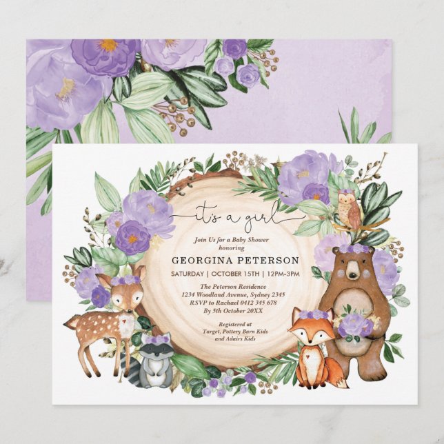 Purple Floral Woodland Forest Animals Baby Girl Invitation (Front/Back)