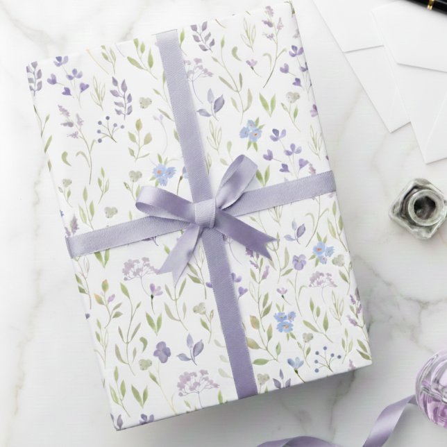 Purple Floral Wrapping Paper (purple blue wildflower floral meadow gift wrap, sweet girly feminine spring summer wrapping paper)