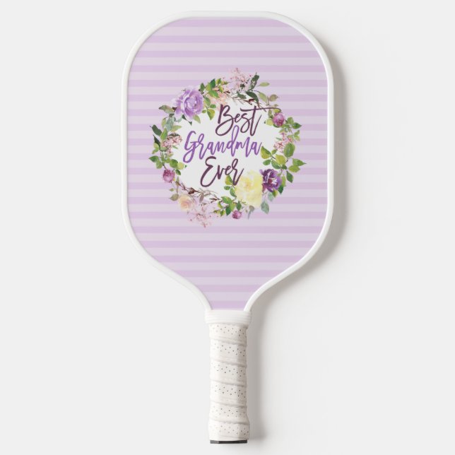 Purple Floral Wreath Best Grandma Ever Pickleball Paddle (Front)