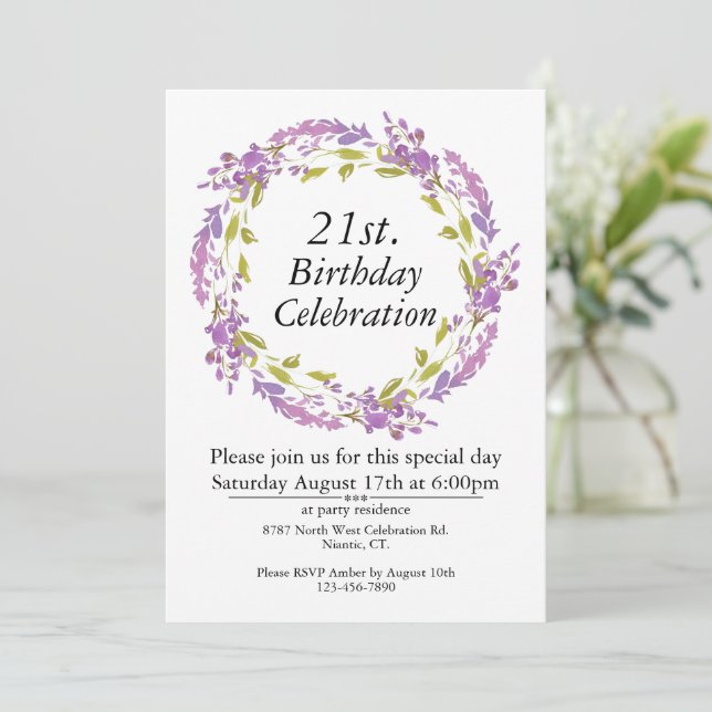 Purple Floral Wreath Boho Customisable 21st  Invitation (Standing Front)