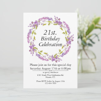 Purple Floral Wreath Boho Customisable 21st  Invitation