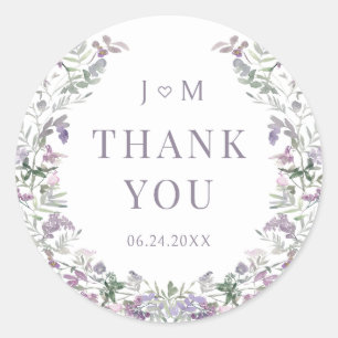 Purple floral wreath boho garden wedding thank you classic round sticker