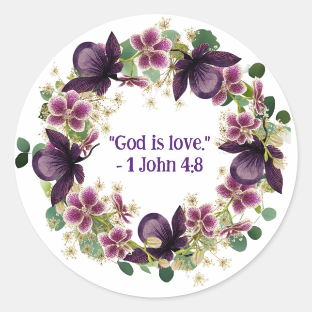 Purple Floral Wreath Christian Faithful Expression Classic Round Sticker (Front)