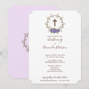 Purple Floral Wreath Cross Baptism Christening Invitation