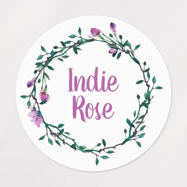 Purple Floral Wreath Custom Name School Labels (Design 1)