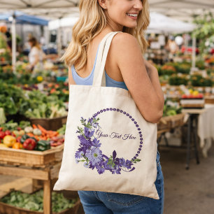 Purple Floral Wreath   Custom Text Spring Flower  Tote Bag