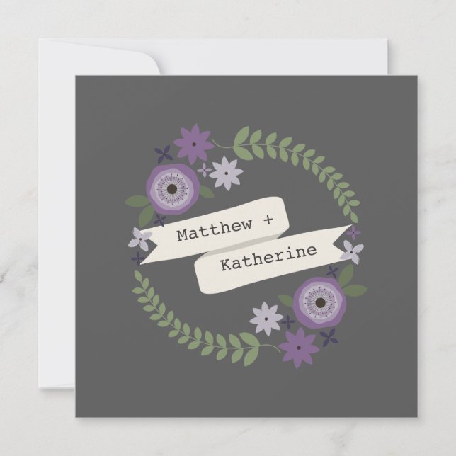 Purple Floral Wreath Grey Wedding Invitation (Front)