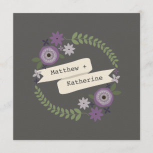 Purple Floral Wreath Grey Wedding Invitation