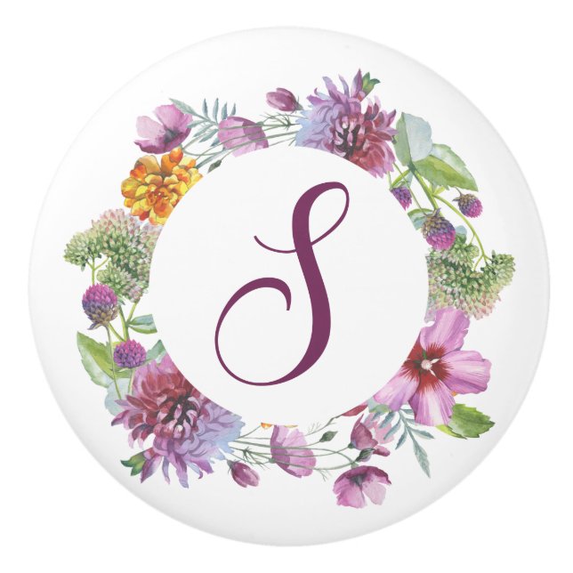 Purple Floral Wreath Monogram Ceramic Knob (Front)