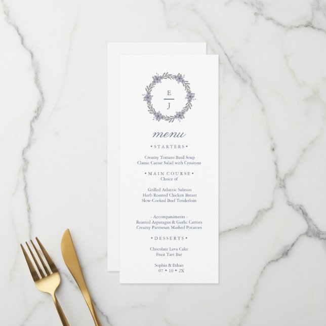 Purple Floral Wreath Monogram Wedding Menu Card (Front/Back In Situ)