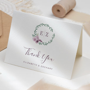 Purple Floral Wreath Monogram Wedding Thank You Card