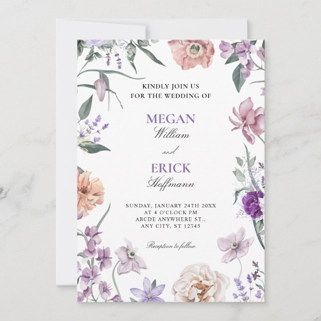 Purple floral wreath wedding  invitation (Front)