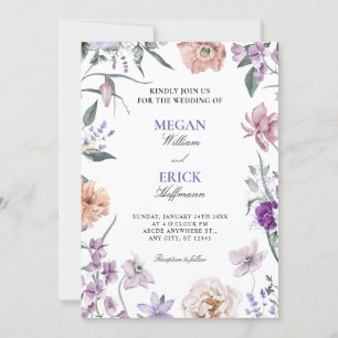 Purple floral wreath wedding invitation
