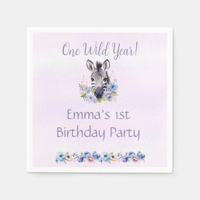 Purple Floral Zebra Birthday  Napkin (Front)