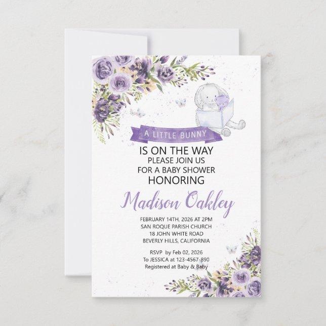 Purple Florals A Little Bunny Baby Shower Announcement (Front)