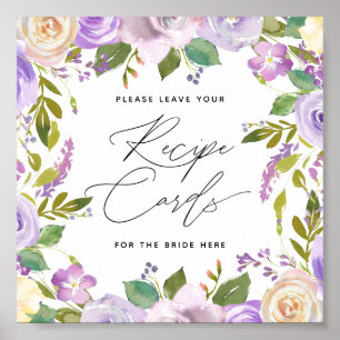 Purple Florals Calligraphy Script Recipe Card Sign