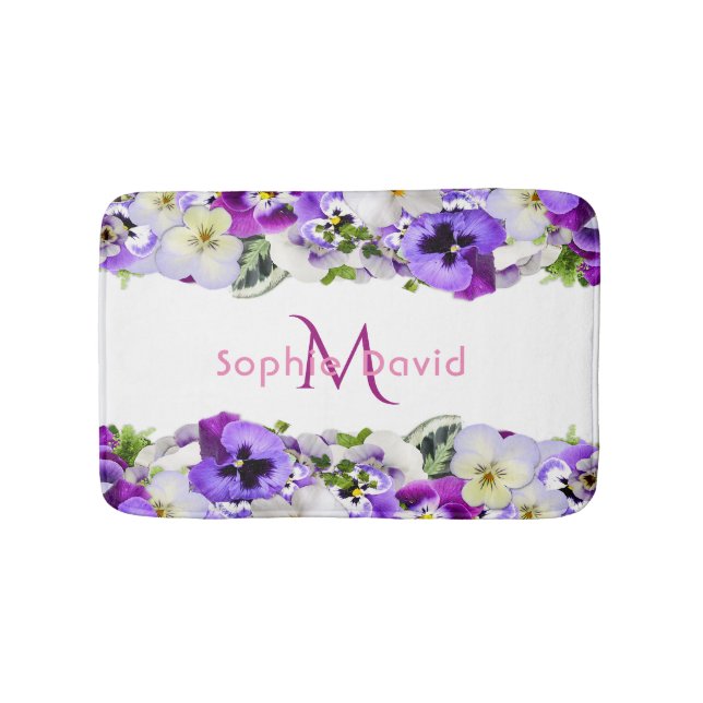 Purple florals white monogram elegant bath mat (Front)