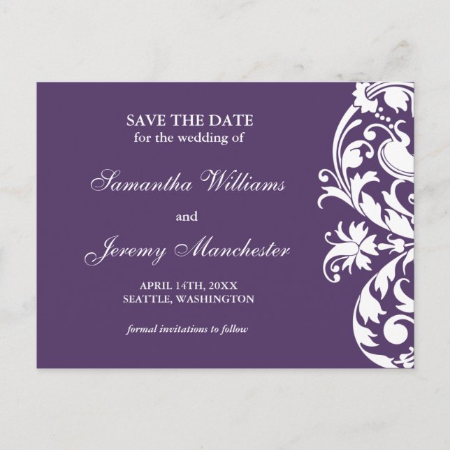 Purple Flourish Swirl Save The Date Announcement Postcard (Front)
