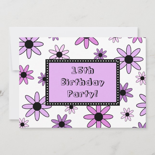 Purple Flower 15th Birthday Party Invitation Cards (Front)
