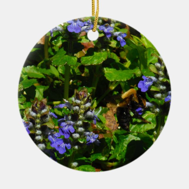 Purple Flower and Bumble Bee Ceramic Tree Decoration (Front)