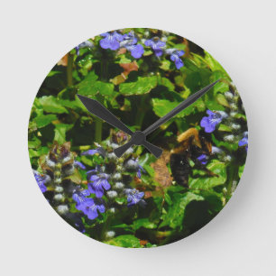 Purple Flower and Bumble Bee Round Clock