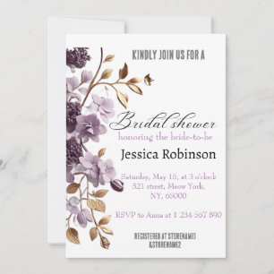 "purple flower and gold leaf bridal shower"  invitation