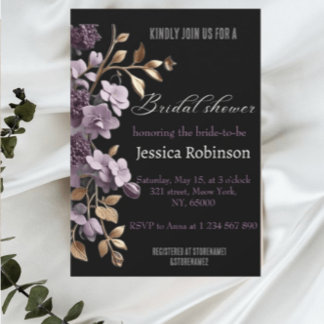"purple flower and gold leaf bridal shower" invitation