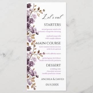 Purple flower and gold leaf let's eat Weeding Menu