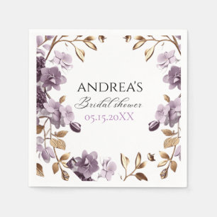 "purple flower and gold leaf paper bridal shower" napkin