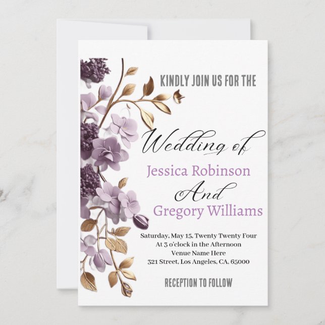 "purple flower and gold leaf weeding invitation" invitation (Front)