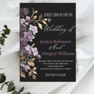 "purple flower and gold leaf weeding invitation" invitation