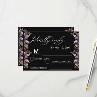 Purple flower and gold leaf weeding Rsvp card