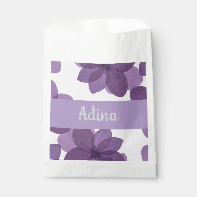 Purple flower Bas Mitzva favour bag with name (Front)