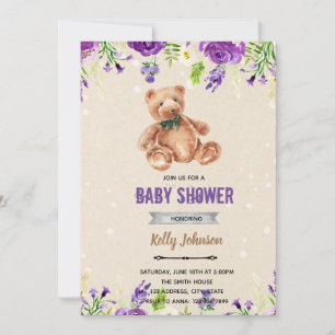 Purple flower bear shower birthday invitation