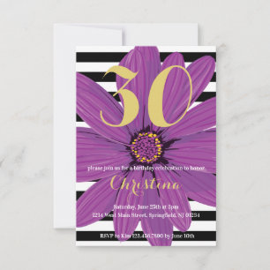 Purple Flower black and white striped Birthday Invitation