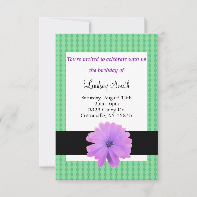 Purple Flower Black Ribbon Birthday Invitation (Front)