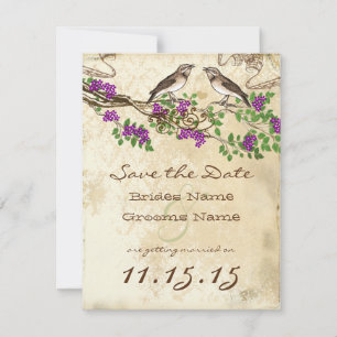 Purple Flower Branch Vintage Birds Wedding RSVP Invitation